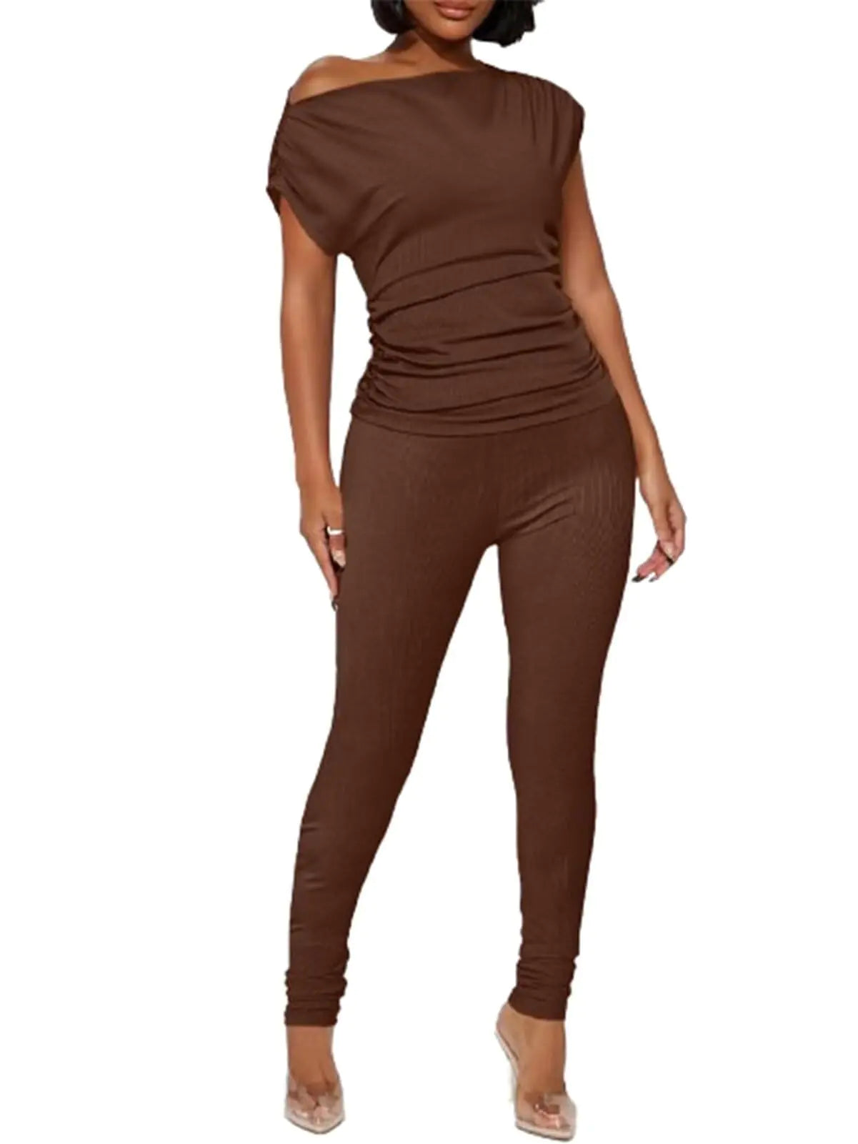 Sexy 2 Piece Outfits for Women One Off Shoulder Tops Ribbed Pant Set Summer Tracksuit Coffee L