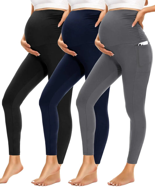 HIGHDAYS Womens Maternity Leggings with Pockets Over The Belly3 Packs Pregnancy Soft Workout Activewear Yoga Tights Pants