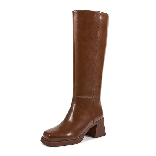ISNOM Brown Knee High Boots for Women Chunky Heel Boots Platform Boots Fall Boots Square Toe Tall Boots Brown Fall Boots Women Size 10