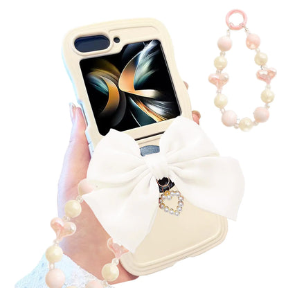 Miitoomo for Samsung Galaxy Z Flip 5 Case with Cute Big Bow and Love Pearl Chain Soft TPU Built-in Screen Protector Girly Sweet Curve Protective Case for Z Flip5 2023 5G (White Z Flip5)