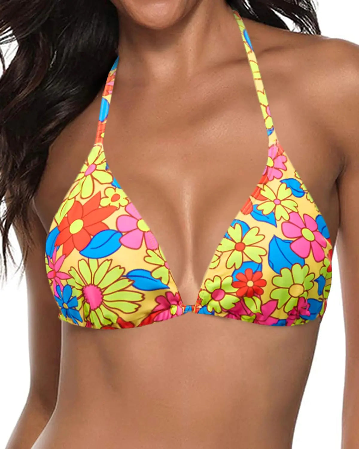 Tempt Me Women Colorful Flowers Triangle Bikini Top String Bathing Suits Top Halter Swimsuit Top L