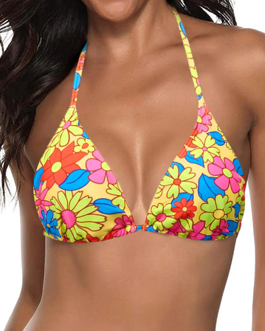 Tempt Me Women Colorful Flowers Triangle Bikini Top String Bathing Suits Top Halter Swimsuit Top L