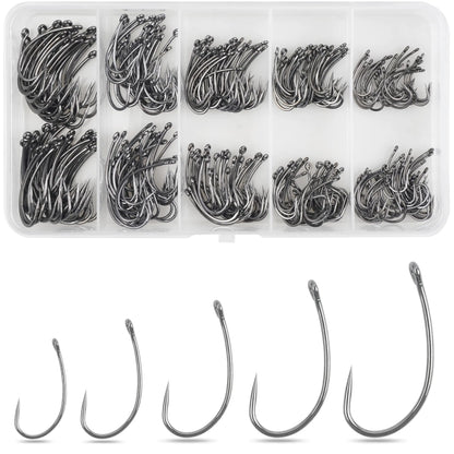 Barbless Fishing Hooks 300pcs Carp Fishing Hooks Trout Hooks Circle Hooks Curve Shank Crank Fly Tying Hooks Carp Hair Fishing Bait Rigs for Freshwater Saltwater Fishing