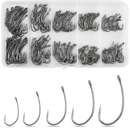 Barbless Fishing Hooks 300pcs Carp Fishing Hooks Trout Hooks Circle Hooks Curve Shank Crank Fly Tying Hooks Carp Hair Fishing Bait Rigs for Freshwater Saltwater Fishing