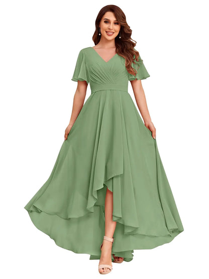 JKMMYO High Low Sage Green Bridesmaid Dresses for Women Short Sleeves Pleated A-Line V Neck Chiffon Formal Dress with Pockets Size 6