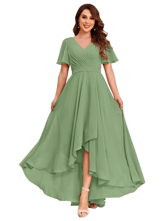 JKMMYO High Low Sage Green Bridesmaid Dresses for Women Short Sleeves Pleated A-Line V Neck Chiffon Formal Dress with Pockets Size 6
