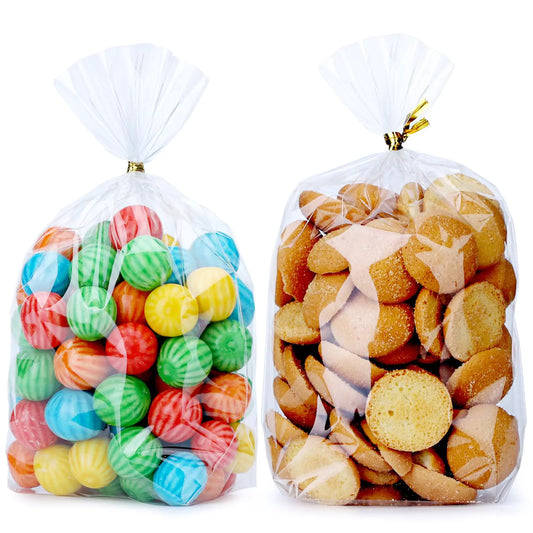 Bottom Gusset Bags 100Pcs 5X7" Clear Cellophane Bags Plastic Gift Bags Cello Bags Treat Bags Bulk Party Favor Goodie Cookie with Gold Twist Tie