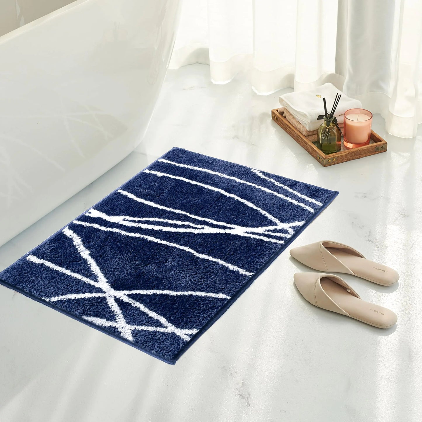 Tititex Luxury Navy White Curve Line Bathroom Rug 16x24 inch Extra Soft and Absorbent Microfiber Bath Rugs Non-Slip Plush Shaggy Bath Carpet Bath Mats for Bathroom Floor Tub and Shower