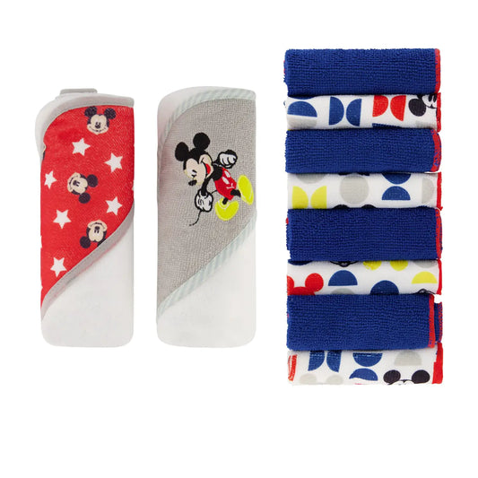 Disney Hooded Baby Towel and Baby Washcloths | Nursery Character Baby Towels and Washcloths | 2 Baby Bath Towels and 8 Washcloths for Baby Girls or Boys