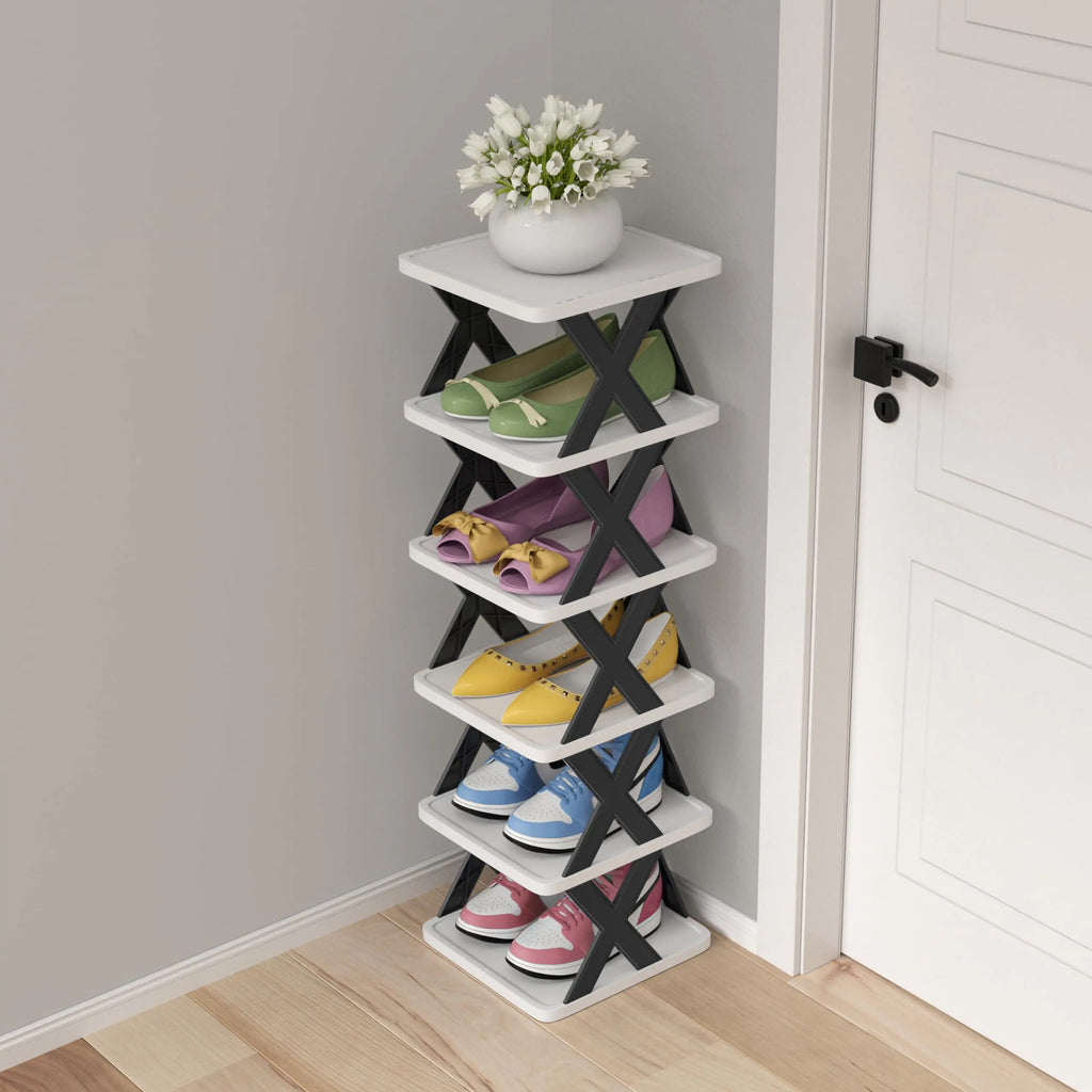 6 Tier Narrow Shoe Rack Small Stackable Shoe Stand Space Saving Furniture Shoe Storage Organizer for Entryway Closet Vertical Shoe Tower Rack