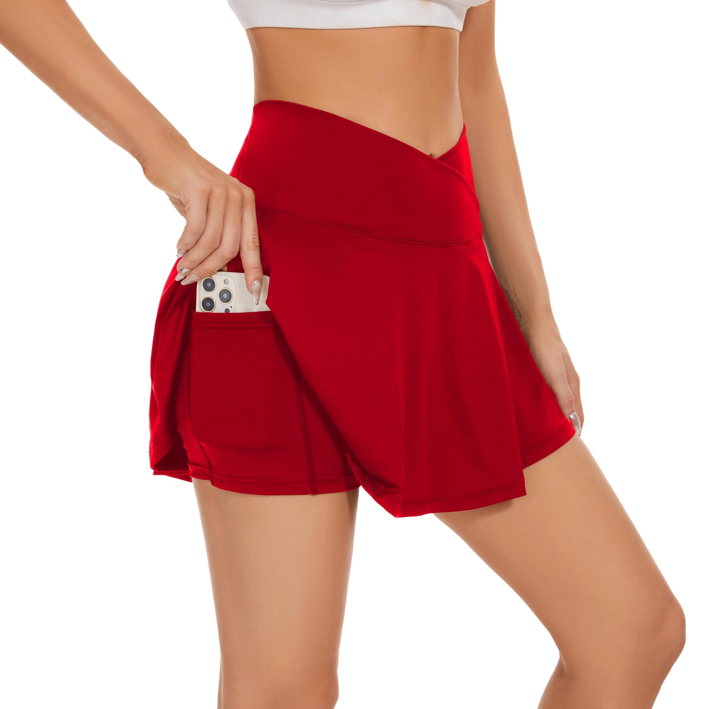bpbtti Womens Pleated Tennis Skirt Crossover Golf Skorts Skirts with Pockets Activewear Summer Workout Running Shorts (Red L)