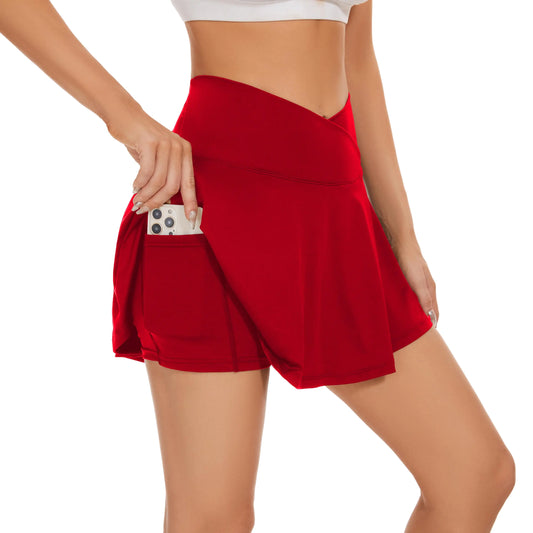 bpbtti Womens Pleated Tennis Skirt Crossover Golf Skorts Skirts with Pockets Activewear Summer Workout Running Shorts (Red L)