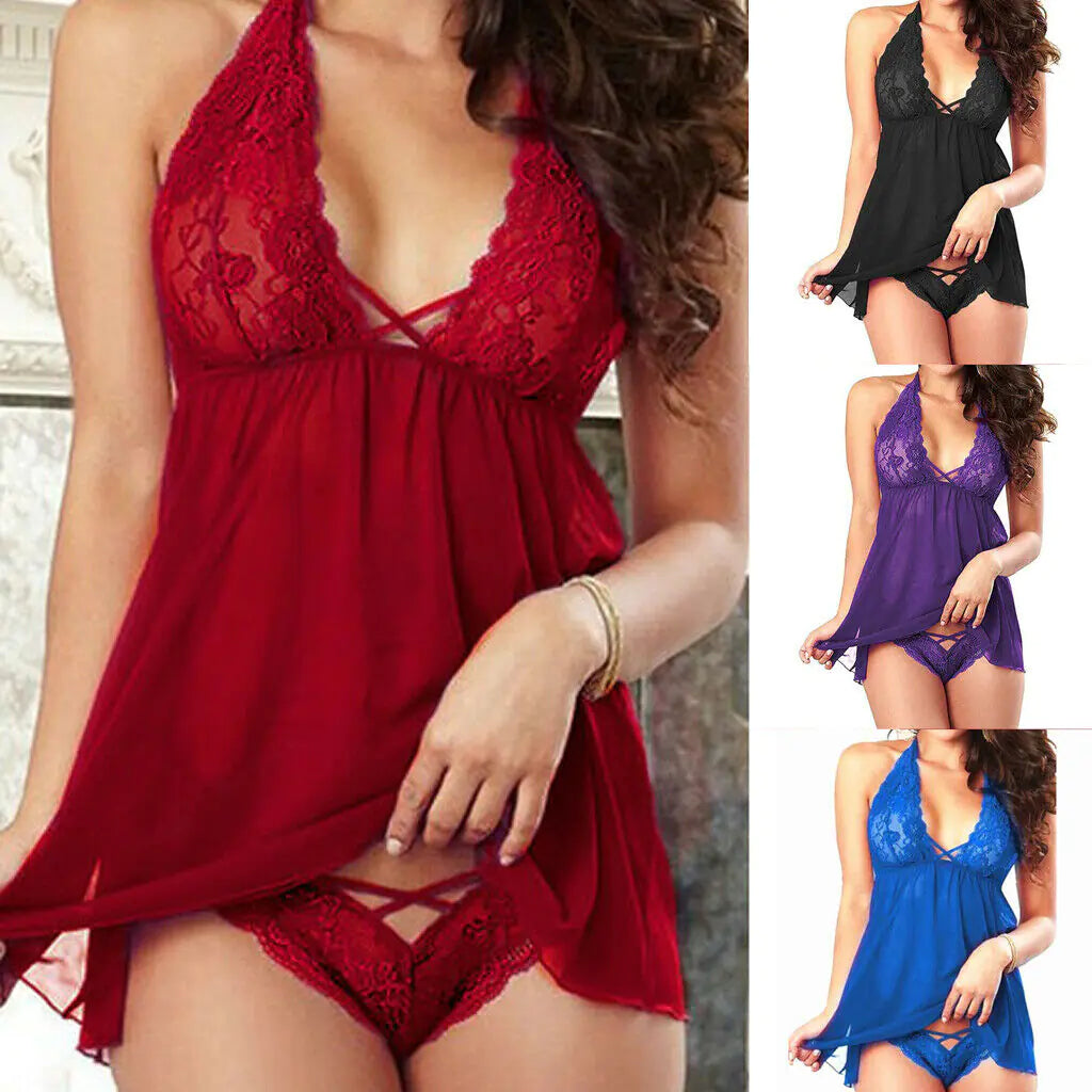 Women's Stain Lingerie Nightwear G-string Babydoll Robe
