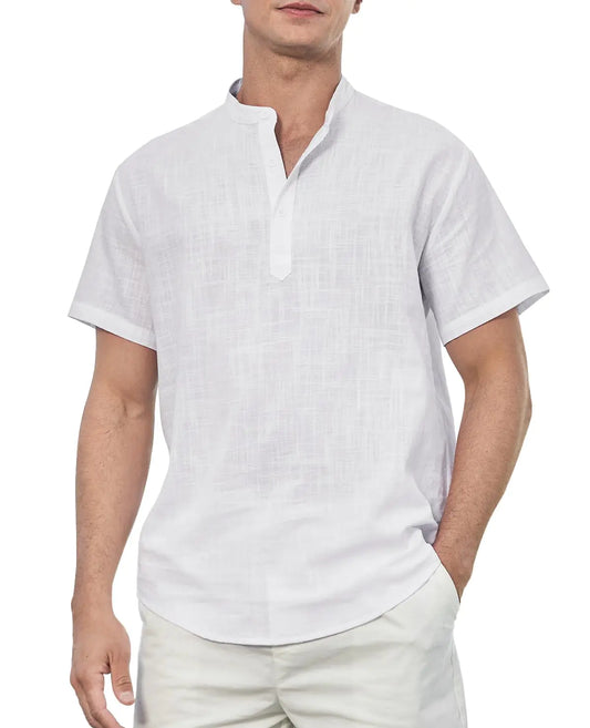 Enlision Mens White Cotton Linen Henley Shirts Casual Short Sleeve Shirt Summer Beach Hippie T-Shirt Band Collar Men Shirt for Wedding Vacation