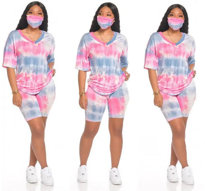 Tie-Dye V-Neck Casual Sportswear Set with Mask