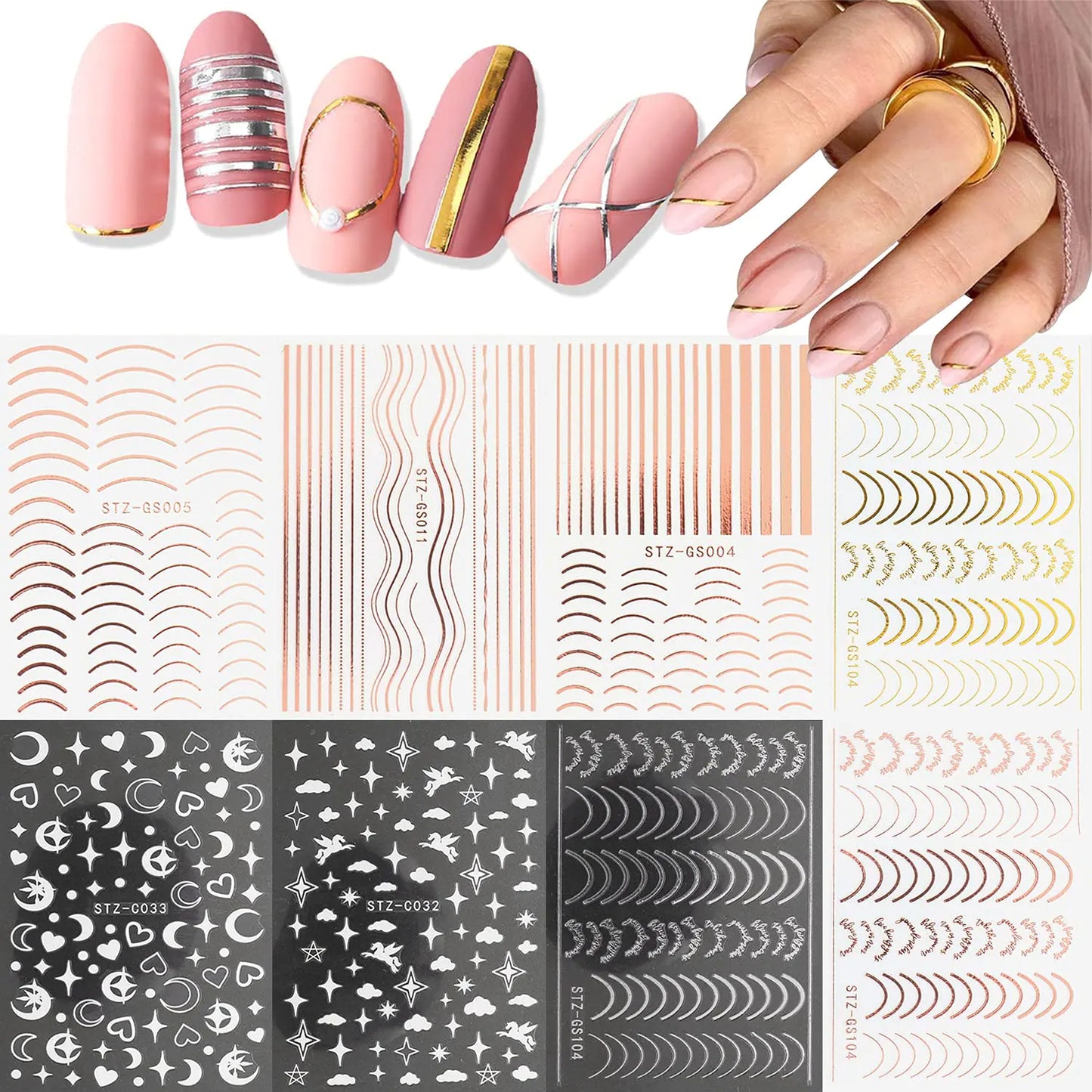 French Line Nail Art Stickers Decals 8 Sheets 3D Self-Adhesive Metal Curve Stripe Lines Design Nail Decorations Half Moon Wave Line Metallic Chains Line and Star for Women Acrylic Nail Supply