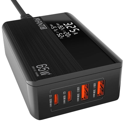 USB C Charger MANTO 65W USB C Charger with LED Display Super Fast Charger with Dual USB C+ Dual USB A PPS USB C Charging Station Compatible with MacBook Pro/Air Laptops iPad iPhone and More