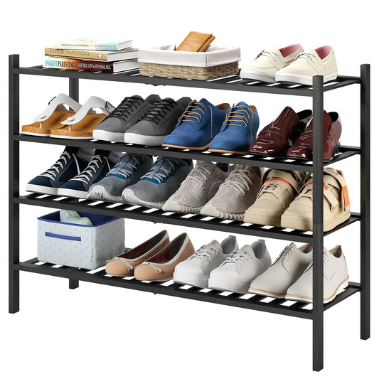 Furshus Long Shoe Rack 4-Tier Bamboo Stackable Shoe Shelf Storage Organizer Shoe Stand for Closet Entryway and Hallway(Black)