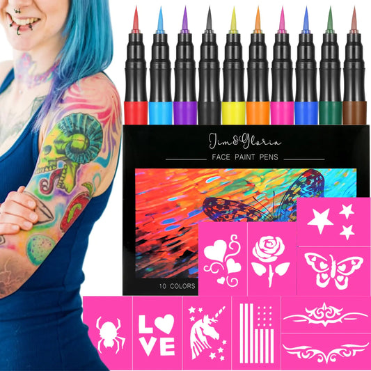 Jim&Gloria Temporary Tattoo Markers for Skin Fake Tattoo Pens Washable Face Paint Body Painting Kit Stencils Art Gift for Girls Boys Adults Teen Trendy Stuff Trending Gifts For Tweens Teenage or Kids