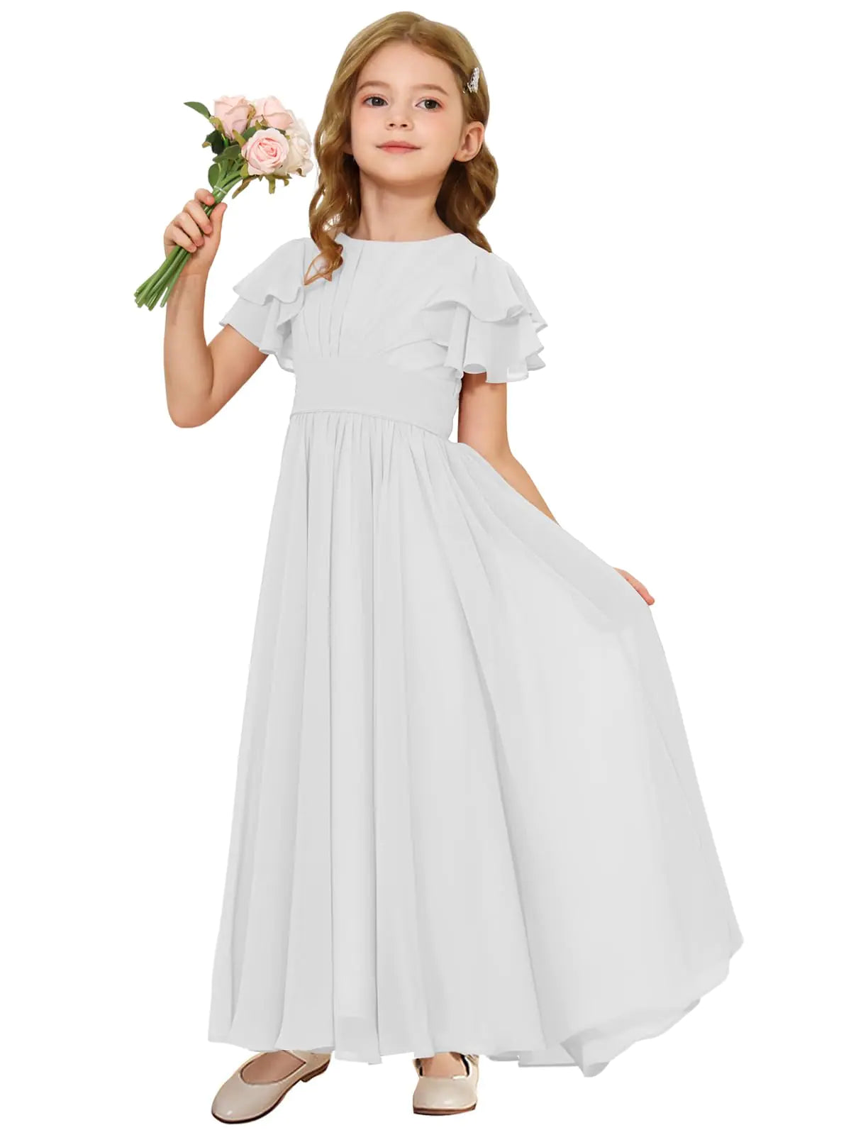 Amatesay Ruffle Sleeve Flower Toddler Girl Dress for Wedding Party Swing Formal Evening White Pageant Party Baptism Dresses A Line Kids Princess Gown Bow-Knot White Size 6