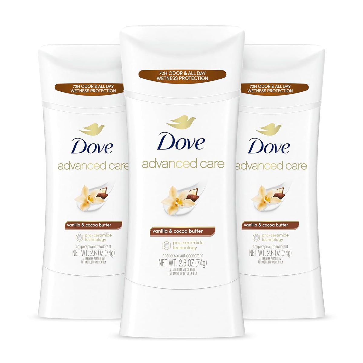Advanced Care Antiperspirant Deodorant Stick Vanilla & Cocoa Butter 3 Count Antiperspirant Deodorant with Pro-Ceramide Technology 72-Hour Odor Control and All-Day Sweat Protection 2.6 Oz