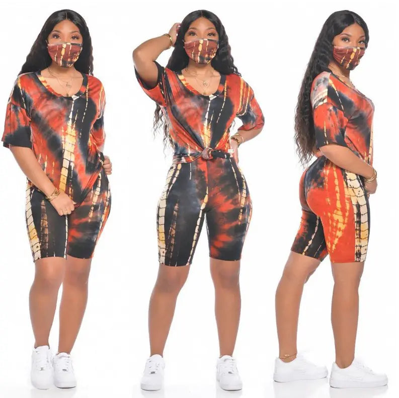 Tie-Dye V-Neck Casual Sportswear Set with Mask