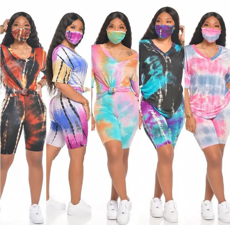 Tie-Dye V-Neck Casual Sportswear Set with Mask