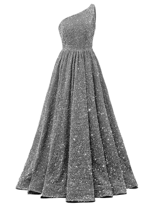 Changuan Prom Dresses for Women 2024 Sequin One Shoulder Ball Gowns with Pockets Long Sparkly A-line Formal Dress Evening Party Gowns Size 6 Steel Grey