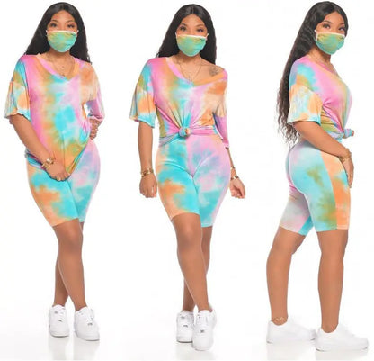 Tie-Dye V-Neck Casual Sportswear Set with Mask