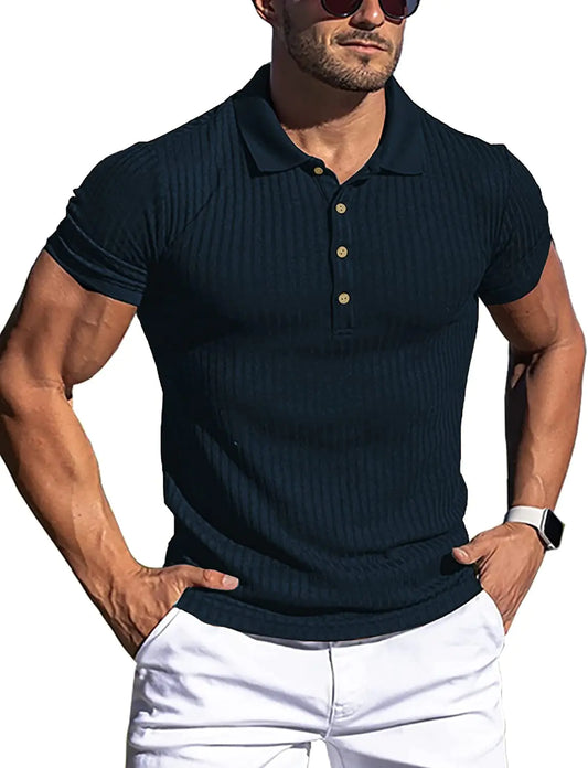 LOGEEYAR Mens Muscle Polo Shirts Short Sleeve Slim Fit Shirts Casual Ribbed Stylish Tees Navy