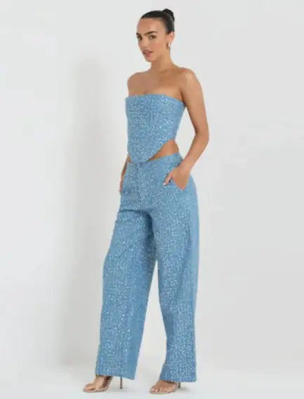 Denim Sequined Tube Top Pants Suit