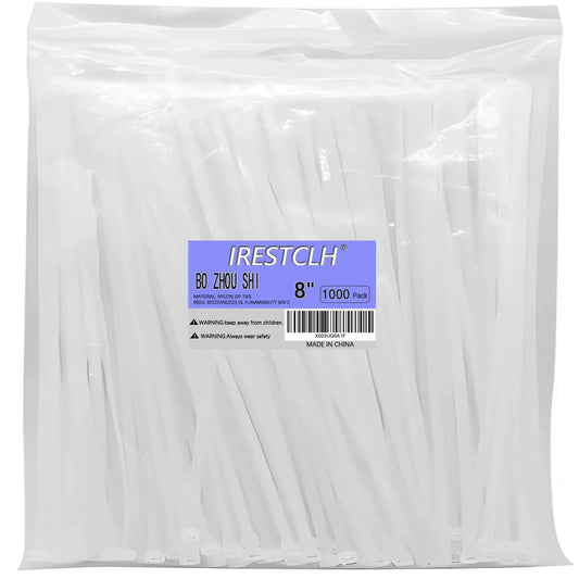 White Zip Ties 8 Inch (1000 pack) Heavy Duty Self Locking clear Zipties Bulk Tensile Strength 40 Pound Clear Industrial 8" Cable Ties Wraps for Home Office Garden Fence Garage indoor outdoor