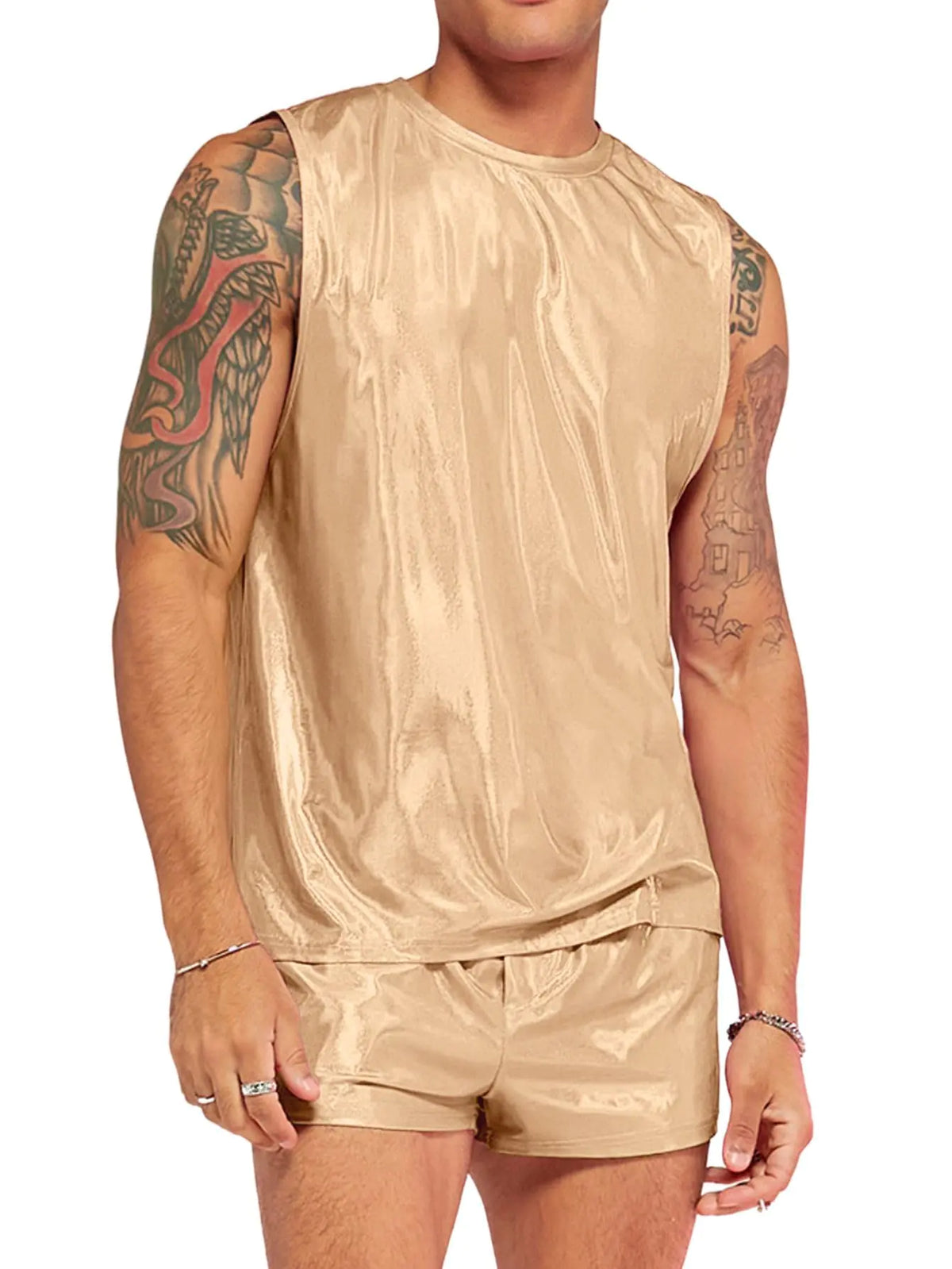 Verdusa Mens 2 Piece Metallic Outfit Sleeveless Tank Top and Short Tracksuit Sets Gold S