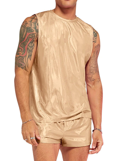 Verdusa Mens 2 Piece Metallic Outfit Sleeveless Tank Top and Short Tracksuit Sets Gold S