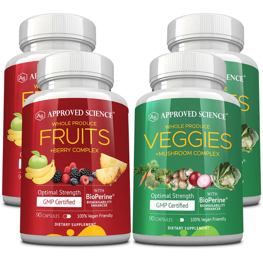 Approved Science Fruits & Veggies - 42 Whole Fruit and Veggie Supplement - Enhanced Health & Vitality - Daily Natural Vitamins Minerals Antioxidants - 180 Capsules Each - 2-Month Supply