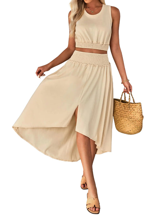 luvamia Two Piece Outfits for Women Cream Skirt Vacation Clothes for Women Women Vacation Outfits Womens Two Piece Skirt Set 2 Piece Long Skirt Sets for Women Size Large Size 12 14