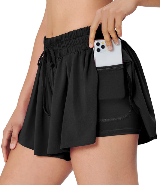 Heathyoga Flowy Shorts for Women 2 in 1 Gym Yoga Butterfly Shorts Flowy Running Shorts Athletic Shorts Workout Shorts Black