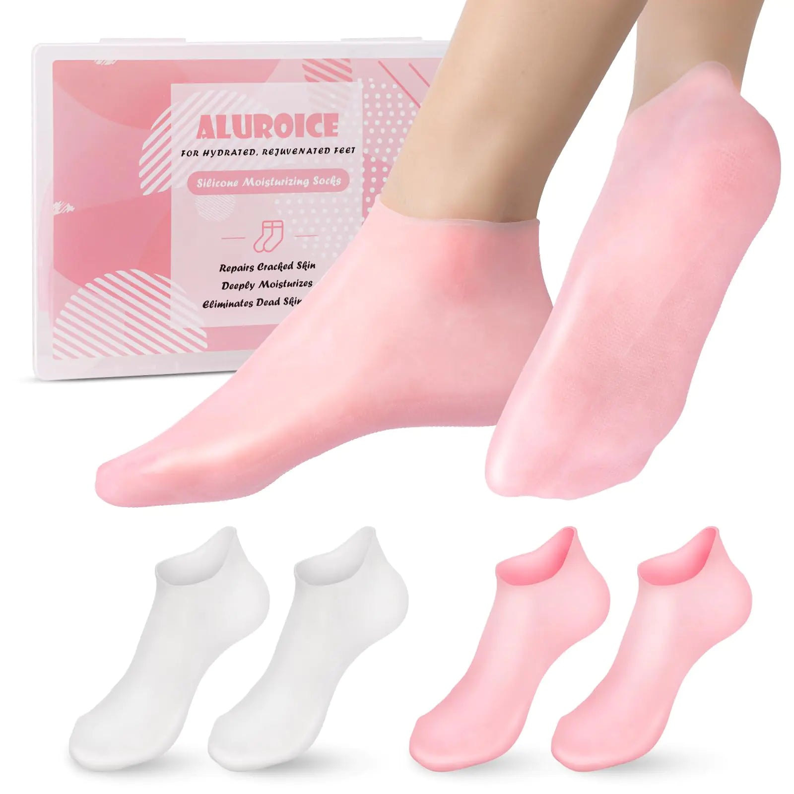 Aluroice 2 Pairs Silicone Moisturizing Socks for Dry Cracked Feet Women Soft Gel Pedicure Foot Spa Aloe Socks Anti-Slip Moisturizer Socks for Dry Cracked Feet Overnight Foot Care Pink&White