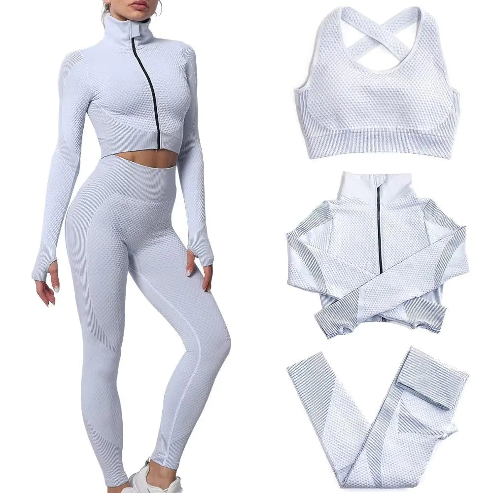 SINBRLAI Womens 3pcs Seamless Workout Outfits Sets Yoga Sportswear Tracksuit Leggings and Stretch Sports Bra Fitness