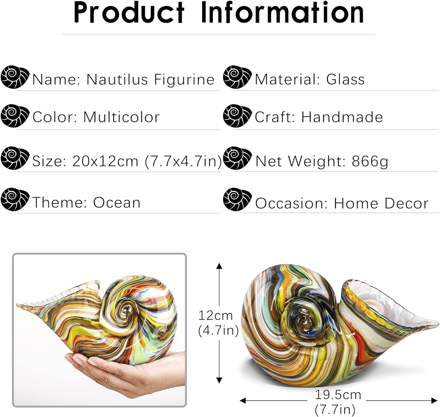 Glass Nautilus Conch Figurines, Hand Blown Seashell Art, Multicolor Glass Sculpture Beautiful Home Decor, Crystal Paperweight