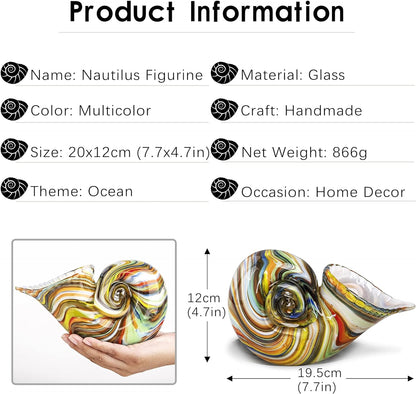Glass Nautilus Conch Figurines, Hand Blown Seashell Art, Multicolor Glass Sculpture Beautiful Home Decor, Crystal Paperweight