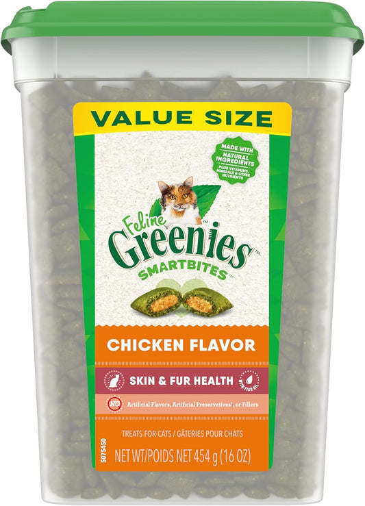 Feline Smartbites Skin & Fur Health Crunchy and Soft Cat Treats, Chicken Flavor, 16 Oz. Tub