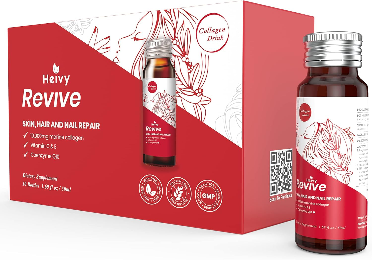 Liquid Collagen for Women, Collagen Drink with 10,000Mg Marine Collagen Peptides, Collagen Liquid for Women for Hair Growth, Skin Repair, Nail Strength, 1.69 Fl Oz (Pack of 10)