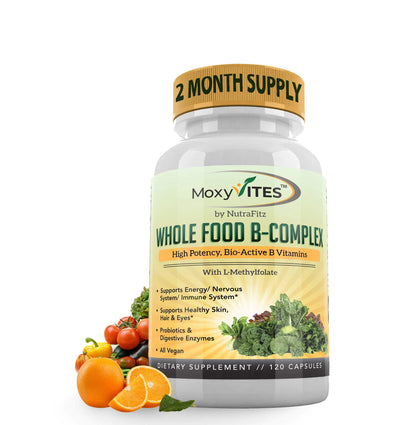 MoxyVites Vitamin B Complex - B Vitamins Whole Food Supplement B12 Methylcobalamin B1 B2 B3 B5 B6 B7 B9 - for Stress Energy and Immune Support Vegan 120 Capsules