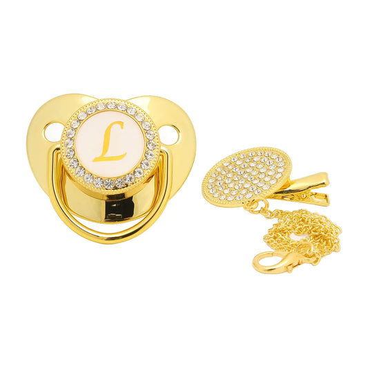 Baby PacifierGolden Baby Pacifier Curved Design 26 Letters Baby Pacifier with Chain Clips for Newborn (L)