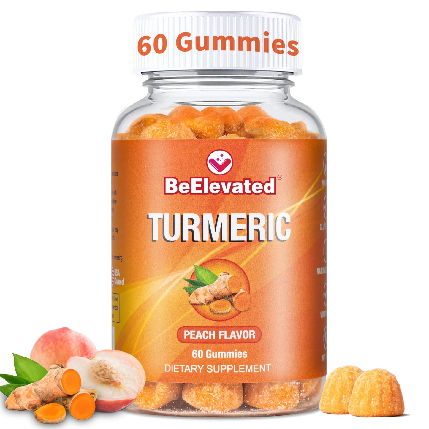 BeElevated Turmeric Curcumin Gummies for Adults - Extract 8:1 2000mg - Black Pepper and Ginger Supplements for Joint Support - Vegan Chewable Vitamins Supplement - Peach Flavor Turmeric Gummy Chews