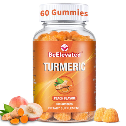 BeElevated Turmeric Curcumin Gummies for Adults - Extract 8:1 2000mg - Black Pepper and Ginger Supplements for Joint Support - Vegan Chewable Vitamins Supplement - Peach Flavor Turmeric Gummy Chews