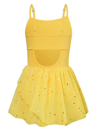 Vieille Girls Dance Leotards Size 6 Ballet Leotard for Girls 6-7 Yellow Hollow Back Camisole Leotards Dresses with Sparkle Skirt