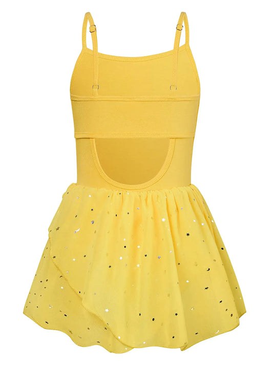 Vieille Girls Dance Leotards Size 6 Ballet Leotard for Girls 6-7 Yellow Hollow Back Camisole Leotards Dresses with Sparkle Skirt