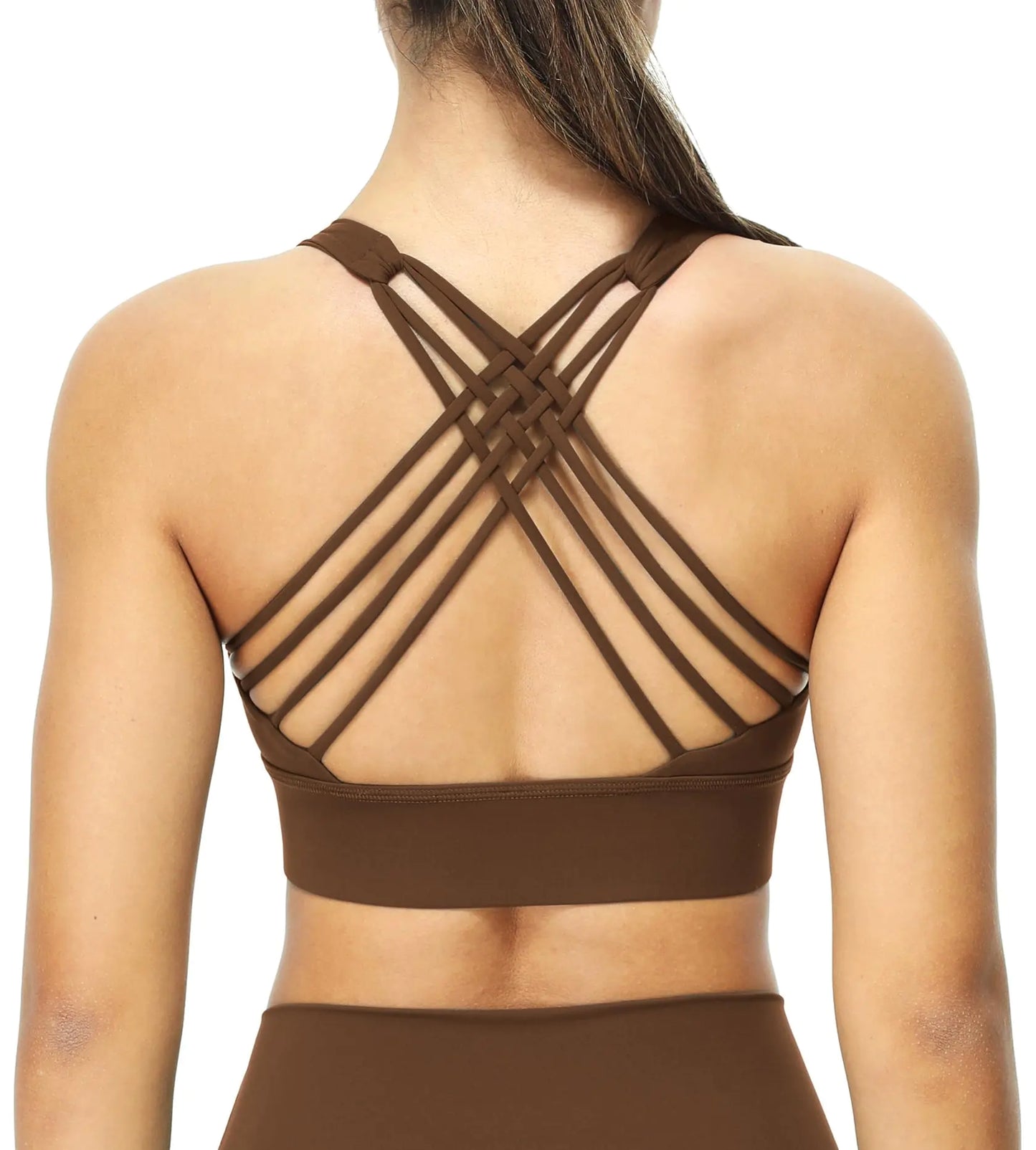 icyzone Sports Bras for Women - Activewear Strappy Padded Workout Yoga Tops Bra (Chestnut Brown XL)